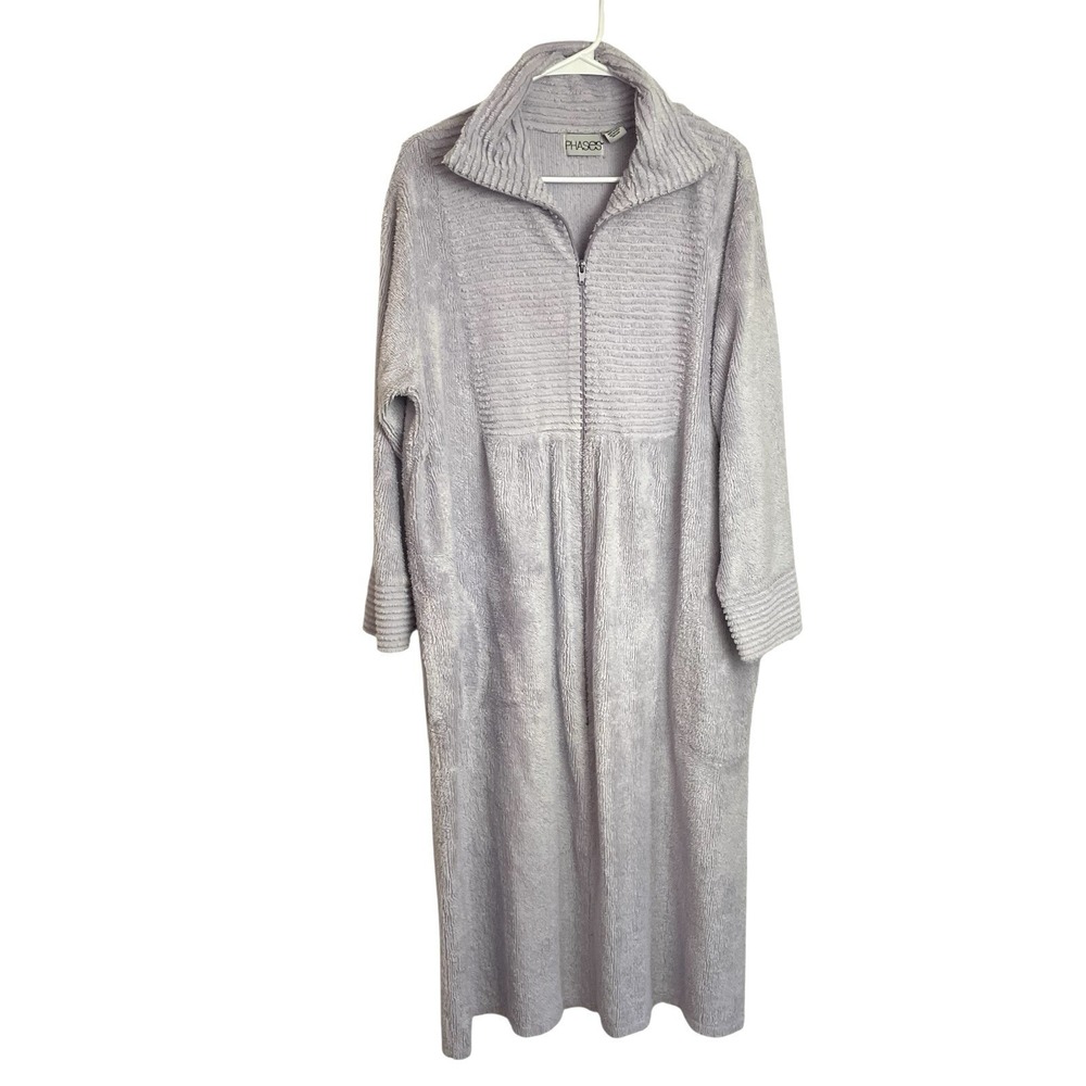 Vintage Phases Womens Chenille Bath Robe Size L Lavender Full Zip Loungewear